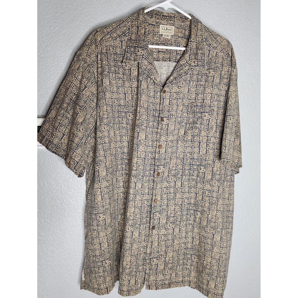 Vtg LL Bean Mens Mayan Glyph Print Cotton Camp Shirt Hawaiian Shirt Blue Tan